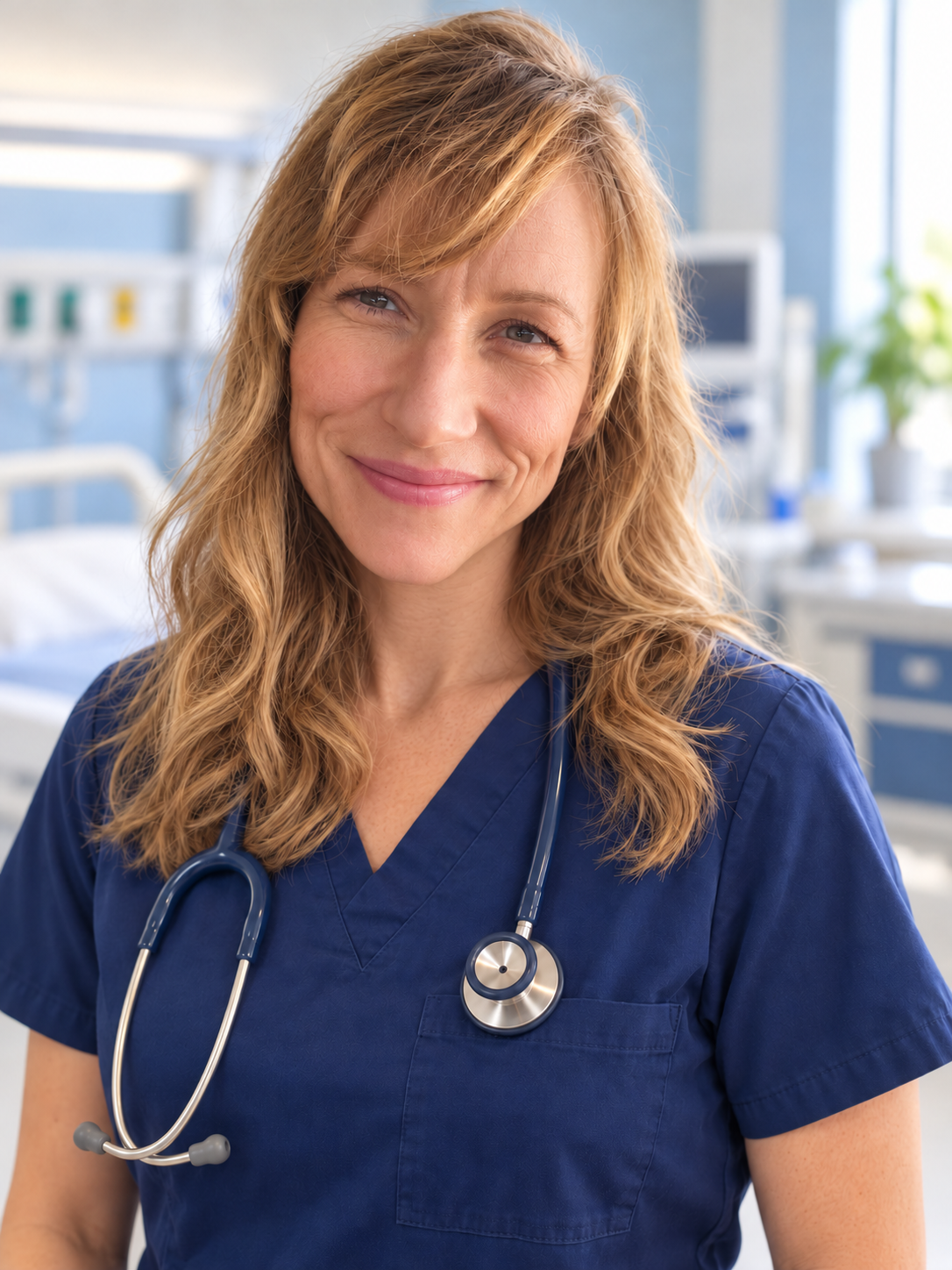 Renee Klofanda smiling in navy scrubs with a stethoscope